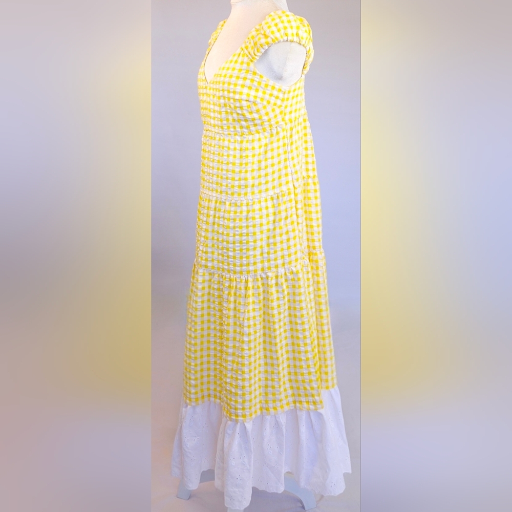 Refashioned Yellow Gingham Midi Sundress with Eyelet Ruffle Hem - Picture 3 of 9
